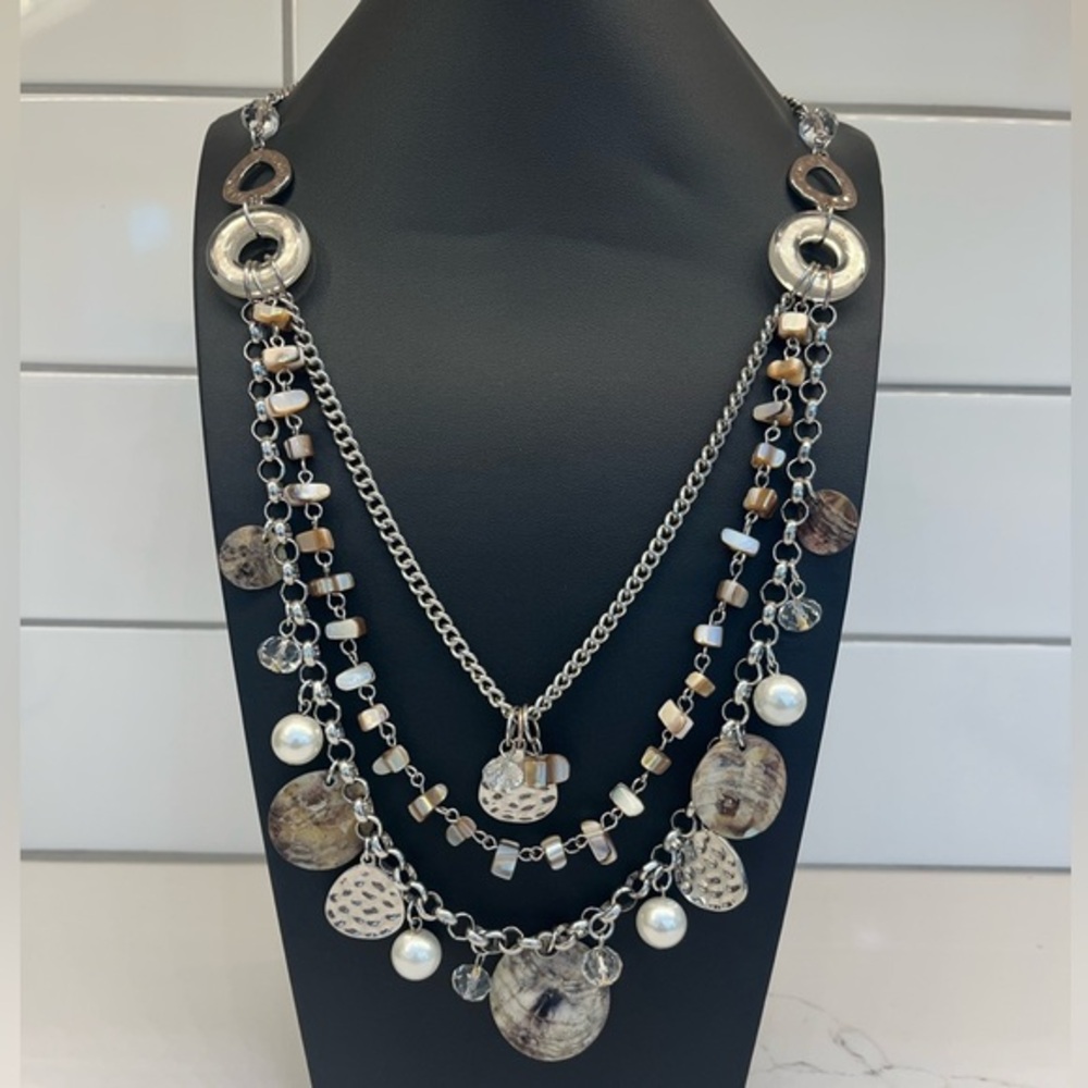 Vintage Boho 3 layer Silver Tone Necklace with Dangles of Shells and Beads